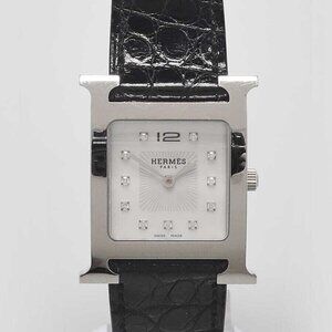 Hermes Palladium Plated and Diamond Black Alligator Heure H Small Quartz Watch